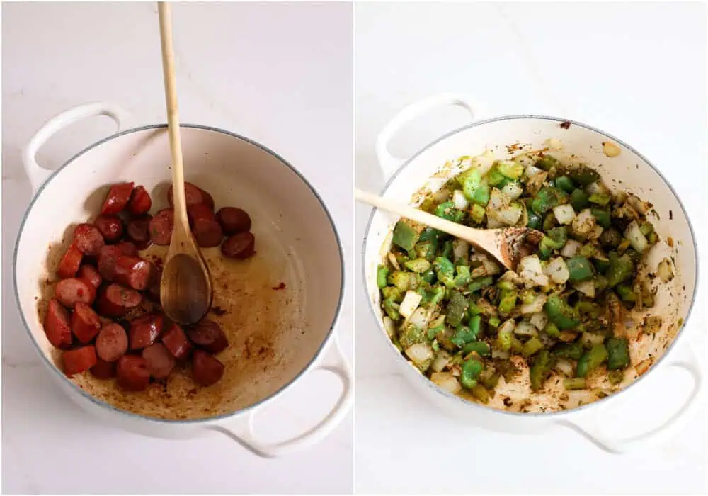 Some of the steps to making red beans and rice. Heat the vegetable oil in a Dutch oven or heavy pot over medium heat. Add the andouille sausage and cook until brown on both sides. Remove the sausage with a slotted spoon. Add the onion, celery, and green bell pepper. Cook over medium heat until the onion and celery are soft.

Reduce the heat to low and add the garlic, parsley, thyme, oregano, paprika, Cajun seasoning, black pepper, and cayenne pepper. Cook for a minute while stirring.