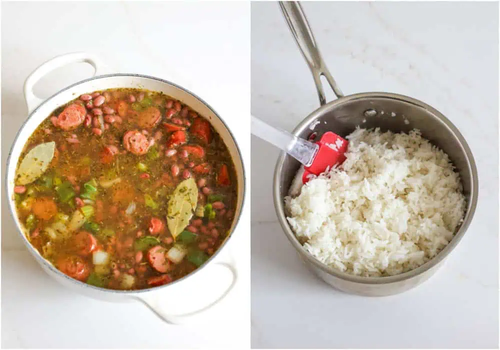 Some of the steps to making red beans and rice. Add the beans, bay leaves, and chicken broth to the pot. Bring the mixture to a boil and then reduce to a simmer. Simmer for 1-1 1/2 hours. Add the sausage and continue simmering for about 30-40 minutes or until the beans start to break down and become mashable. While the red beans and rice are simmering, cook the rice.