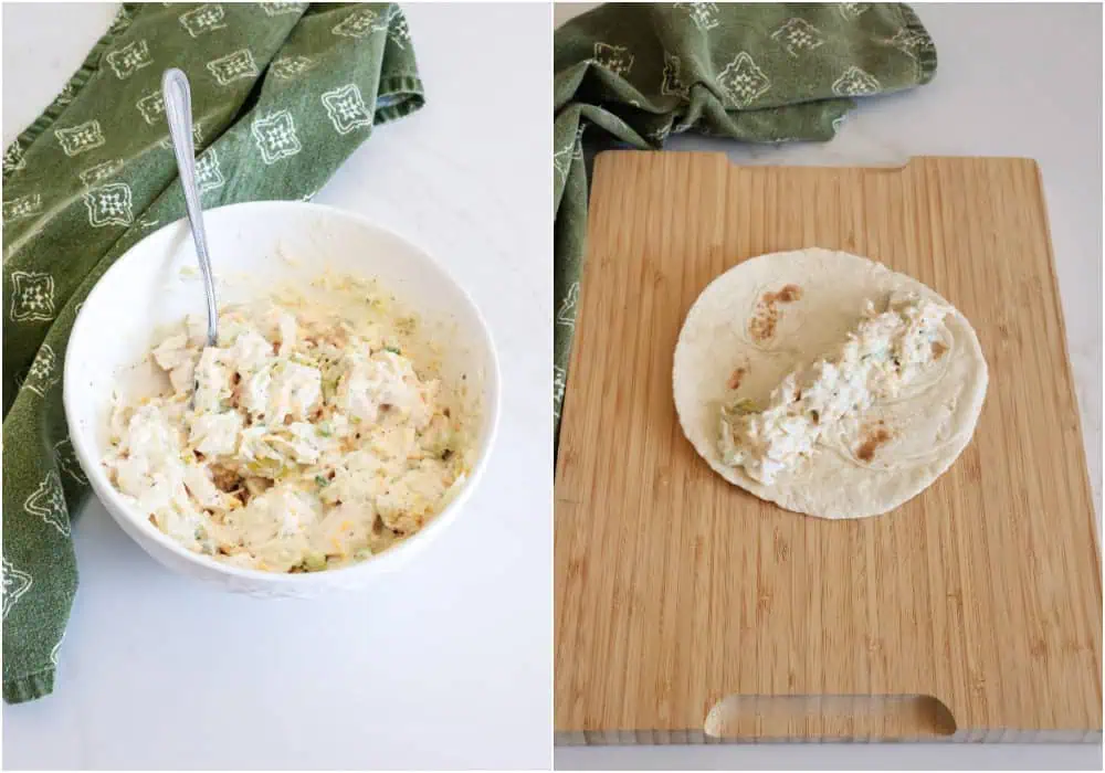 Some of the steps to making sour cream chicken enchiladas. Combine the sour cream, green onions, cooked chicken, 1/4 cup of each cheese, fire-roasted green chiles, and 3 tablespoons of the sour cream enchilada sauce in a medium bowl. Spread about 1/4 to 1/3 cup of chicken mixture down the center of the tortilla.