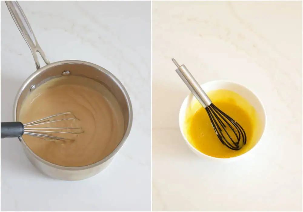 Some of the steps to making butterscotch pudding. Over medium-low heat slowly whisk it into the pot alternating with the remaining milk and heavy cream. Bring the mixture to a gentle boil and cook until thickened, whisking often.

Beat the egg yolks in a small bowl. Whisk in several tablespoons of the hot pudding mixture, a couple of tablespoons at a time, to warm the eggs. You may need to do this several times until you feel the bowl warm.