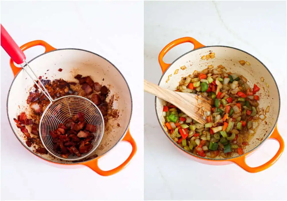 Some of the steps to making Charleston red rice. Cook the chopped bacon over medium low heat in a Dutch oven until crispy. Use a slotted spoon to move the cooked bacon to paper towels to drain. Leave about a tablespoon of bacon fat in the pot. Add the onions, celery, and bell pepper and saute over medium low heat until the onions and celery are soft. Reduce the heat to low and add the garlic, cooking a minute while stirring. 