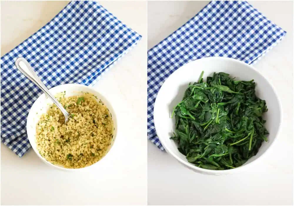 Some of the steps to making spinach casserole. Mix the breadcrumbs, butter, and parsley in a small bowl. Then, heat the olive oil in a large skillet over medium-low heat. Add the spinach and cook until wilted. You will need to do this in batches, removing the spinach to a colander in the sink to drain. Squeeze the spinach, removing as much moisture as possible using your clean hands. 