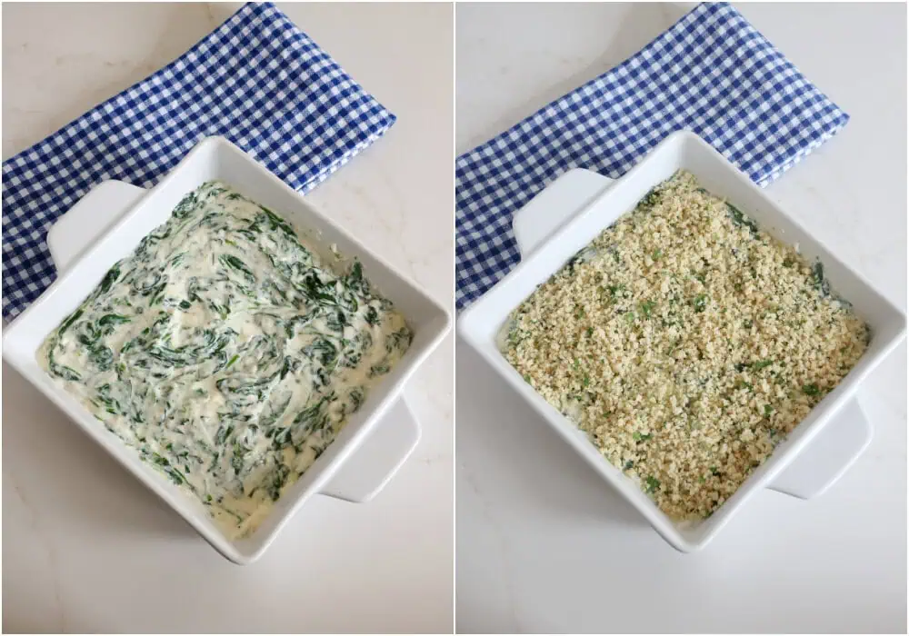 Some of the steps to making spinach casserole. Spoon the spinach mixture into a greased 8x8 inch casserole dish. Top with the panko breadcrumb mixture and bake uncovered for about 30 minutes or until the top is lightly browned. 