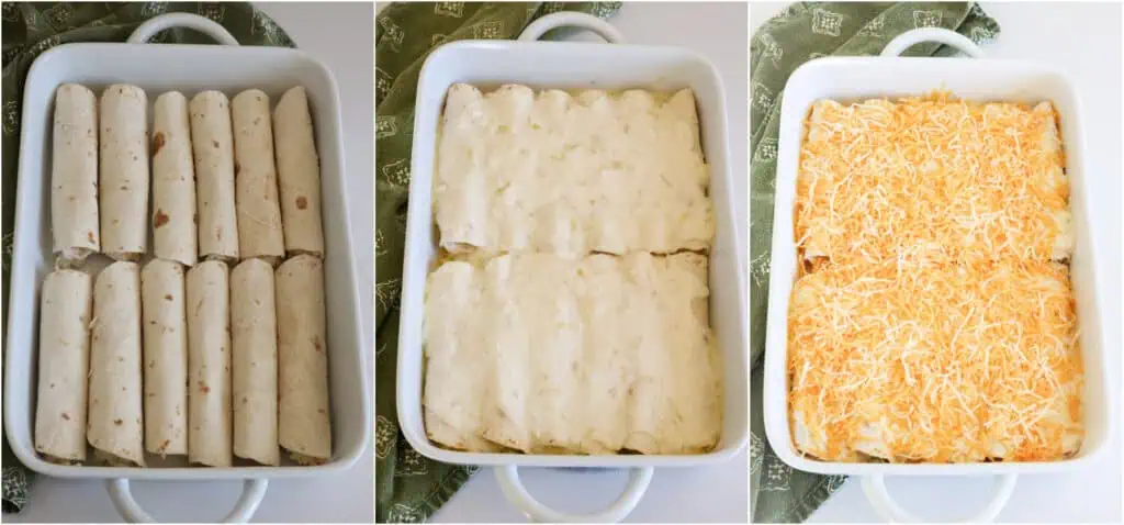 Some of the steps to making sour cream chicken enchiladas. Roll the tortillas up and place them in a greased 9×13-inch dish. Drizzle the remaining sauce over the enchiladas. Cover the dish with aluminum foil and bake for 15 minutes. Remove the foil, sprinkle with the remaining cheese, and bake for 10-15 minutes or until the cheese melts.