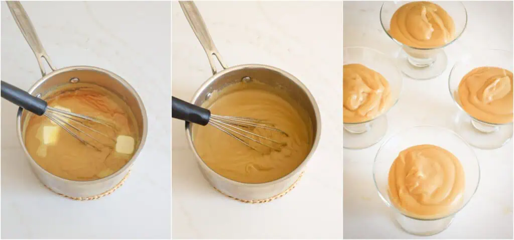 Some of the steps to making butterscotch pudding. Remove the pudding from the heat and whisk in the butter, vanilla extract, and bourbon, if desired. Continue stirring while it cools to keep a skin from forming. Pour the warm pudding into serving dishes and chill.