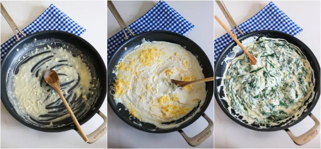 Some of the steps to making spinach casserole. Melt the butter in a skillet over medium low heat. Add the garlic and cook for a minute while stirring. Sprinkle the flour over the butter and cook for a couple of minutes. Then, slowly add the milk and continue stirring and cooking until it is blended and thick. Remove the skillet from the heat and stir in the cream cheese until melted. Then, stir in the sour cream, onion powder, salt, black pepper, and Gouda cheese. Stir the squeezed spinach into the mixture. 