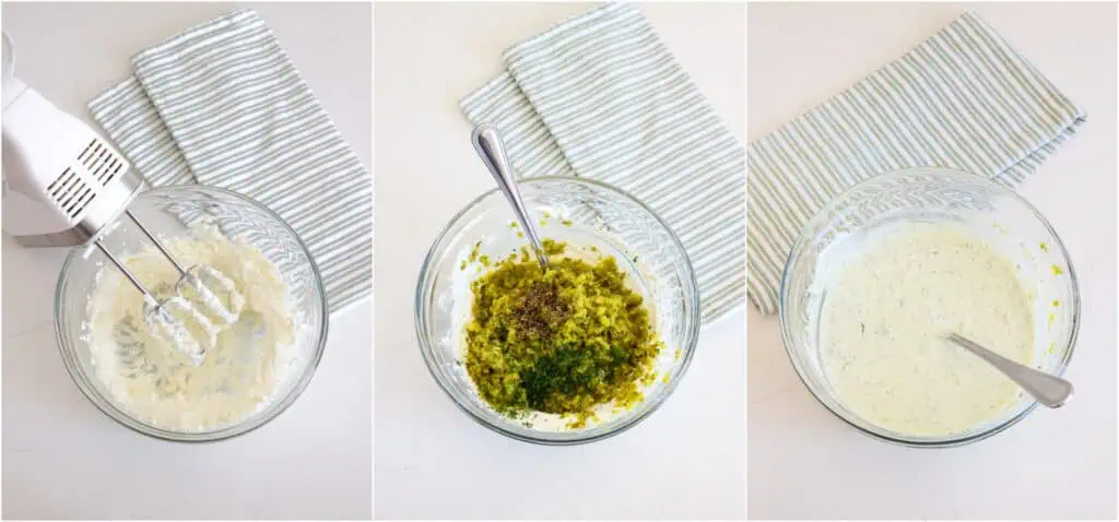 Some of the steps to making dill dip. using a hand mixer or stand mixer with a paddle attachment, beat the cream cheese until smooth and lump-free. Then, stir in the sour cream, garlic powder, onion powder, chopped dill pickles, pickle juice, fresh dill, and freshly ground black pepper. Cover and chill for about an hour. 