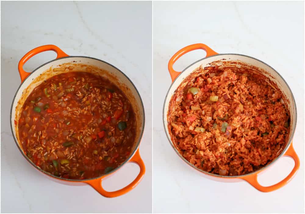 Some of the steps to making Charleston red rice. Stir in the rice, chicken broth, tomato paste, sugar, Cajun seasoning, salt, black pepper, and cooked bacon. Scrape the bottom of the pot to get up all those delicious brown bits. Bring the mixture to a boil, then reduce and simmer for about 5 minutes uncovered. Cover the dish and place it in the oven for 35-40 minutes or until the liquid is absorbed. 