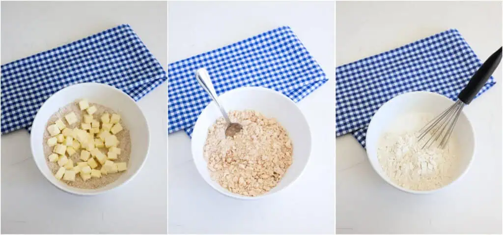 Some of the steps to making blueberry coffee cake. In a medium bowl, combine the struesel topping ingredients. Using a pastry knife cut in the butter until it is crumbly. Cover it and refrigerate while you are mixing the blueberry cake. Whisk together the flour, baking powder, and salt in a medium bowl.