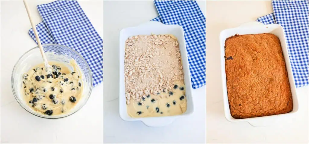 Some of the steps to making blueberry coffee cake. Gently stir in the blueberries. The batter will be thick. Spoon it into a greased 11x7 or 9x9 inch casserole dish. Use an offset spatula to level the batter. Top with the streusel and bake until a toothpick inserted in the center comes out clean